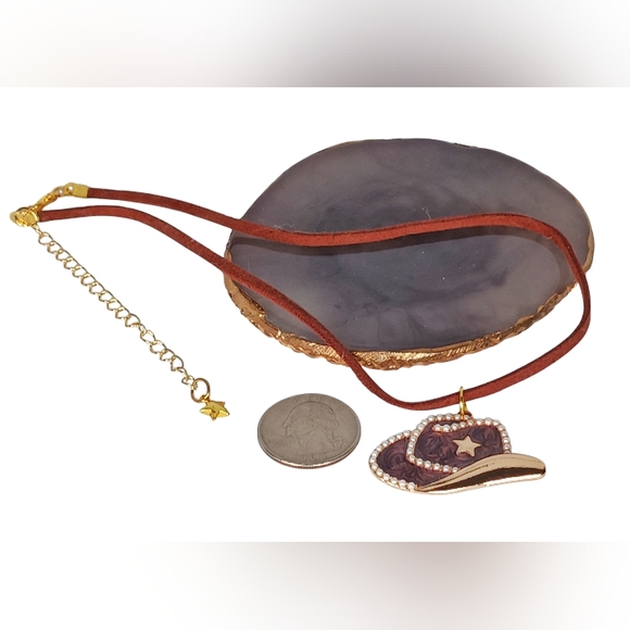 Faux Leather Cord Cowboy Hat Charm Choker Necklace Cowgirl Western Southwestern - Picture 9 of 12